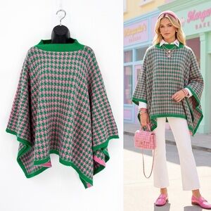 NWT Boutique Houndstooth Knit Mock Neck Poncho Cape Pink Green | One Size